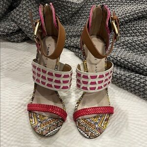 Chinese Laundry Red and Pink Sandals with Geometric Ankle Strap